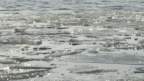 Close up of pack ice at river delta in sunny spring day Stock Footage 147087086