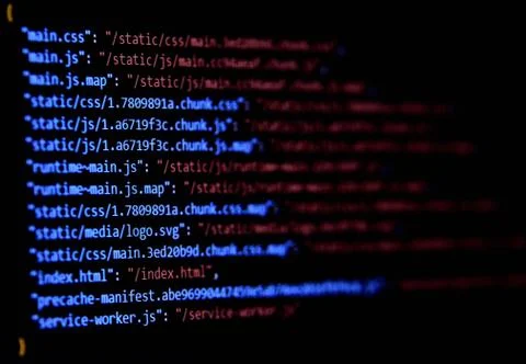 Close-up of package.json - Javascript, Webpack configure file. Stock-Fotos