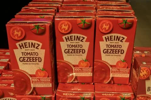 Close Up Packages Heinz Strained Tomatoes At Amsterdam The Netherlands 17-3.. Stock Photos