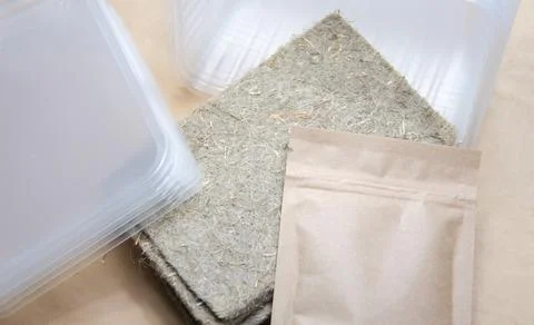 Close up packaging with microgreen seeds with copy space. Kit for growing. Stock Photos