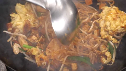 Close up of a Pad Thai in a wok Stock Footage 225460568