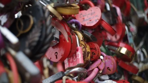 Close up of padlocks left by new married couples in Moscow Russia Stock-Footage 107630132