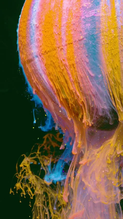 Close-up paint flow transforming into elongated drips and translucent tendrils w Stock-Footage 344383860