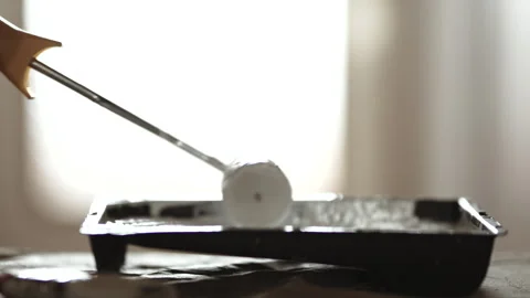 Close-up of Paint Roller Dipped into White Paint in Tray, Preparing for Wall or  Stock Footage 332924275