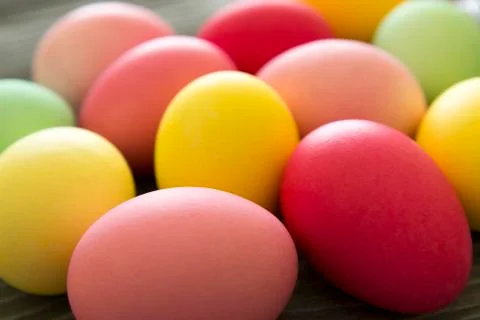Close-up of painted colored eggs. Easter celebration Stock Photos