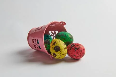 Close-up of painted eggs for easter and a bucket Stock Photos