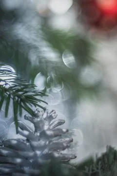 Close-up of a painted silver pine cone on a christmas tree on a dark backgrou Stock Photos