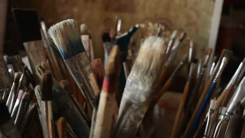 Close-up painter multitude of brushes in various sizes and shapes Stock Footage 289547819