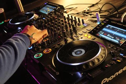 Close up of a pair of CDJs and a mixer Stock Photos