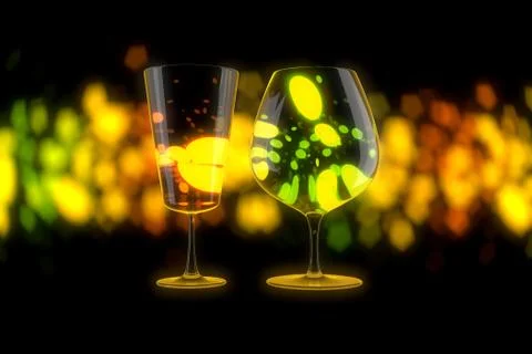 Close up on pair of empty wine Glasses over Lights Bokeh Background. 3d Ilustração Stock