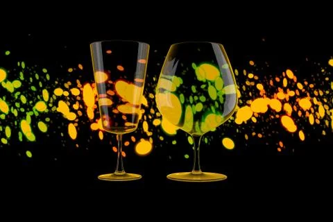 Close up on pair of empty wine Glasses over Lights Bokeh Background. 3d Ilustração Stock