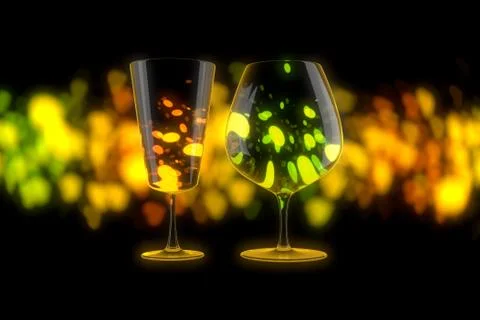 Close up on pair of empty wine Glasses over bright and colorful Lights Bokeh Ilustração Stock
