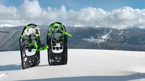 Close up pair of modern black and neon green snowshoes standing in deep sno.. Stock Footage 342929431
