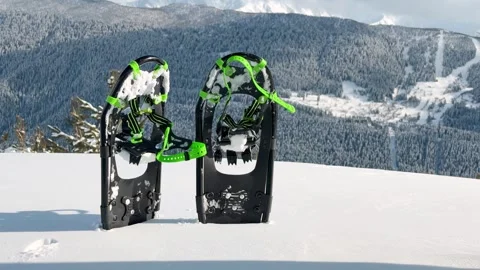 Close up pair of modern black and neon green snowshoes standing in deep sno.. Stock Footage 342964160