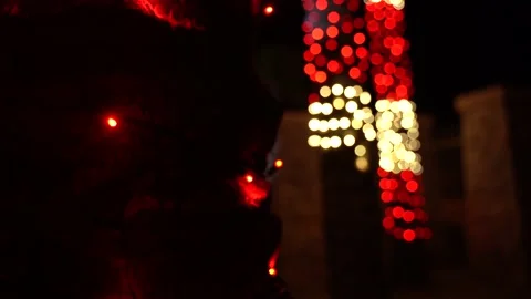 Close Up of Palm Trees Decorated in Red and White String Lights (4K) Stock Footage 148894430