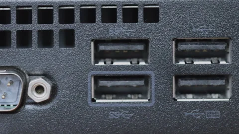 Close-up Pan Across Computer Ports: VGA, USB, HDMI, and Ethernet Connectors Stock Footage 332440198