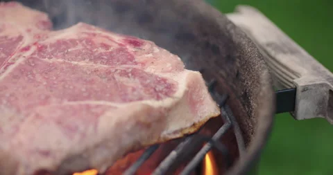 Close-Up Pan Across Steak Cooking on Charcoal Grill Stock-Footage 140812817