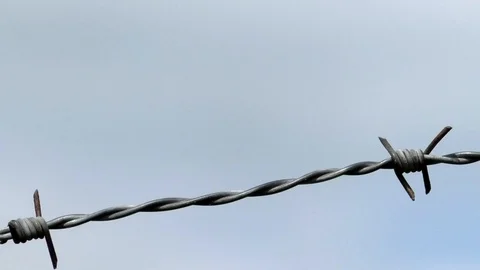 Close up, Pan: Detail of barb wire, barbed wire, barbwire, blue and cloudy sky Stock Footage 89305519