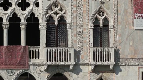 Close pan up of the Gothic archictecture of Ca' d'Oro, Venice Stock Footage 83292752