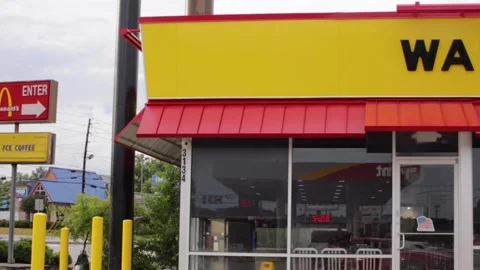 Close up Pan of a  new Waffle House opening soon Stock Footage 158863111