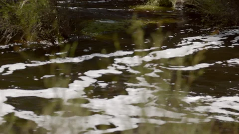 Close pan over fast flowing white flood water of flooded stream Stock Footage 160093868