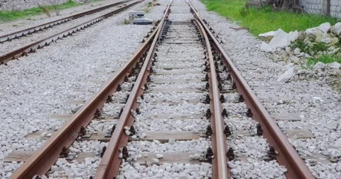 Close Up Pan of railway switch Tracks - Shallow Depth of Field Video stock 151287155