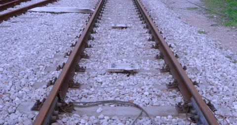 Close Up Pan of railway switch Tracks - Shallow Depth of Field Video stock 151287342