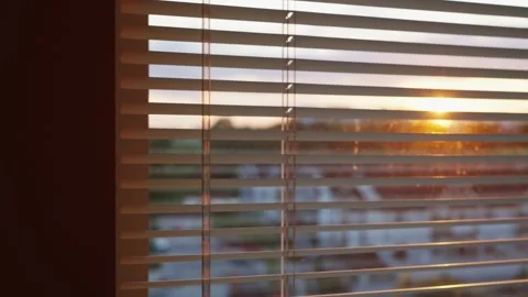 Close-Up Pan Shot of Blinds with Sunset View Outside Stock Footage 242977034