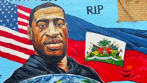 Close Up Pan Shot of a George Floyd Wall Mural in Brooklyn, NY. Stock Footage 143126297