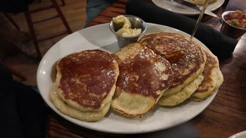 Close Up of Pancakes getting syrup Stock Footage 319794804