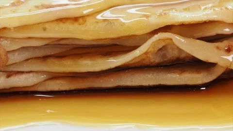 Close Up Of Pancakes with maple syrup dripping down the side Stock Footage 170605255