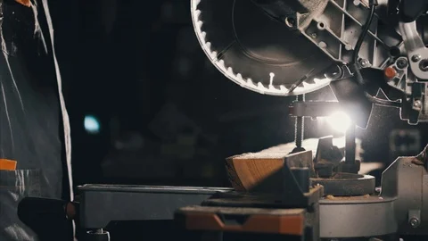 Close-up, panel saw in the workshop, carpenter working with an electric jigsaw,  스톡 동영상 78710795