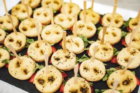 Close up of panini served on table at wedding reception Stock Photos