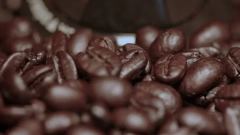 Close Up panning shot of coffee beans in top loading grinder bowl Stock Footage 297995014