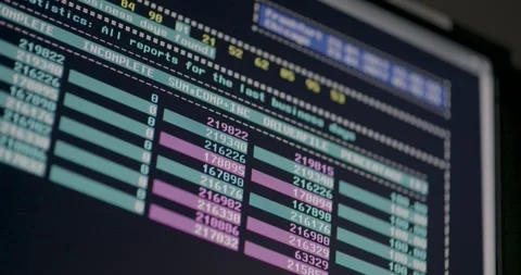 Close-up panning shot of a computer screen displaying code and data Stock Footage 263646954
