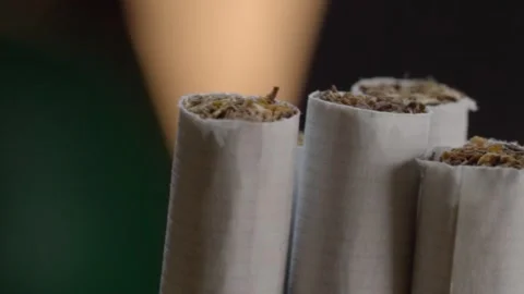 Close-up Panning Shot of Three Unlit Cigarettes Filled with Loose Tobacco Stock Footage 343709051