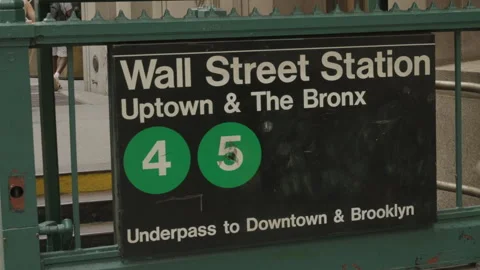 Close up panning shot of Wall Street Station Subway Entrance with people Stock Footage 345293700