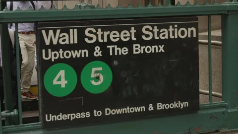 Close Up Panning Shot of Wall Street Station Subway Entrance with People Stockbeeldmateriaal 345293704