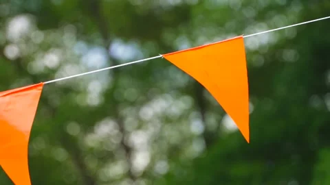 Close up panorama of colorful triangular party flags for children birthday Stock Footage 323483924