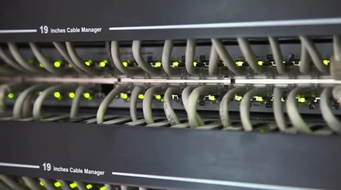 Close up panorama of ethernet network equipment with blinking green leds 스톡 동영상 46936422