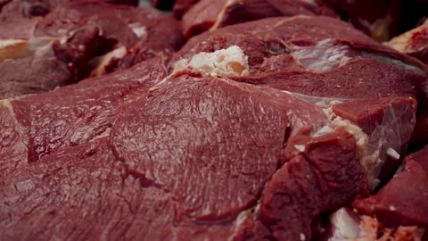 Close-up panorama of raw meat close-up on the counter. Fresh beef or pork. Stock Footage 142209409