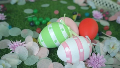 Close-up panoramic of hidden of Easter eggs Stock Footage 101290626