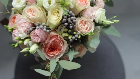 Close up panoramic shot of beautiful modern wedding bouquet for bride. Stock Footage 246534907