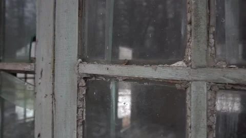 Close-up. Panoramic shot of wooden frames with windows in an old house. Stock Footage 227861598