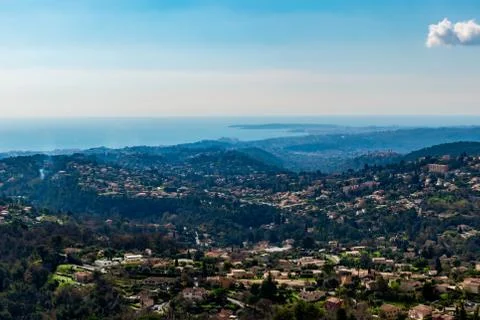 A close-up panoramic view of the old medieval French town Vence and other tow Stock Photos
