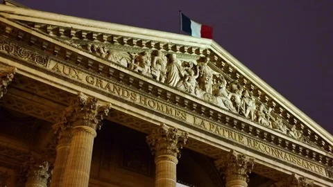 Close up of the Panthéon facade at night in Paris, France Stock Footage 329478148