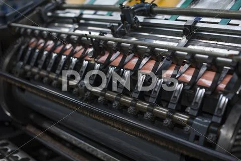 Close Up Of Paper Print Machine In Printing Workshop