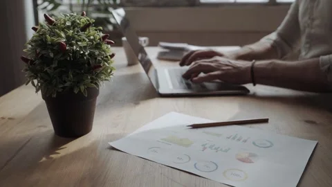 Close-up of paper with statistics and graphs on the table, a business man Stock Footage 132524956