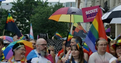 Close Up Parade Moving And Celebrating At Pride Parade Celebrating LGBTQ Rights Stock Footage 113515587