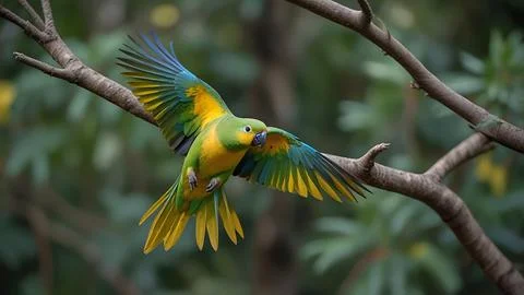 Close-up of parakeet flying in forest, Stock Photos